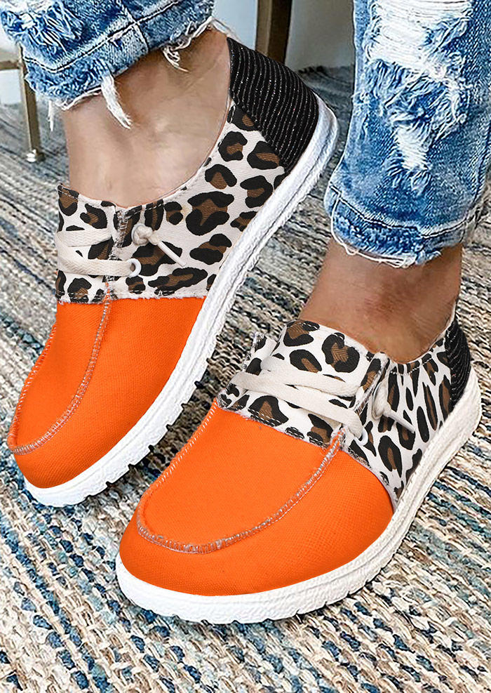 Leopard Color Block Slip On Flat Sneakers - Orange