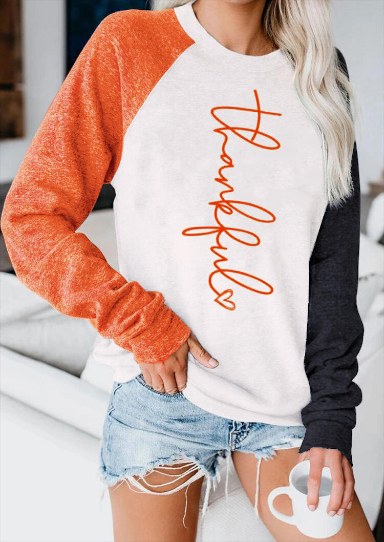 Thankful Color Block Long Sleeve O-Neck Sweatshirt - White