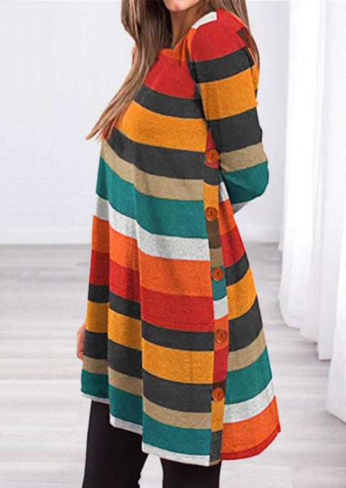 

Colorful Striped Button Long Sleeve Mini Dress, Multicolor, 516755