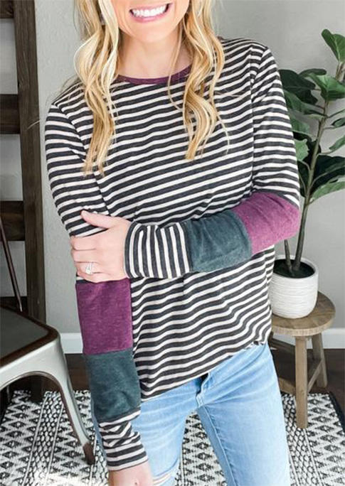 

Striped Color Block Long Sleeve Blouse, Stripe, 516761