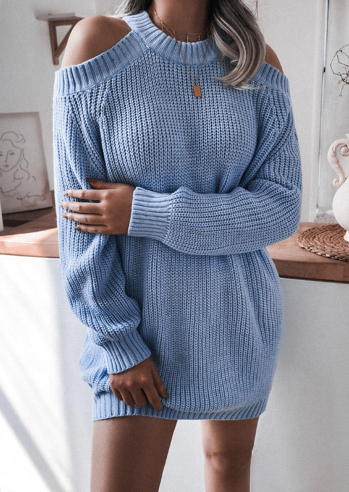 

Cold Shoulder O-Neck Sweater Mini Dress - Sky Blue, 516825
