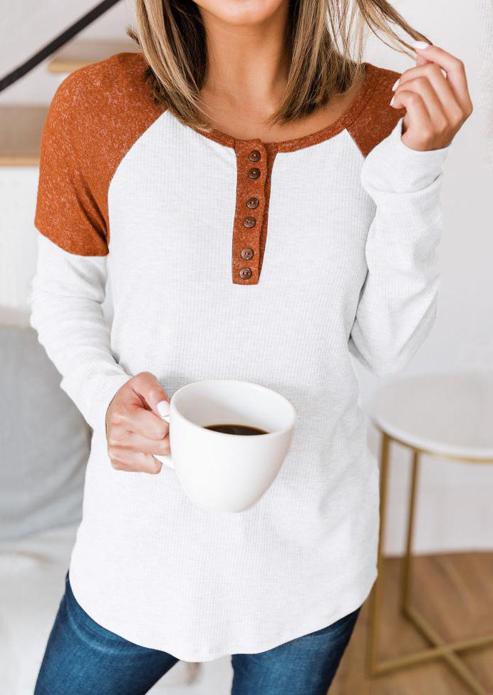 

Color Block Button Long Sleeve Blouse - White, 516890