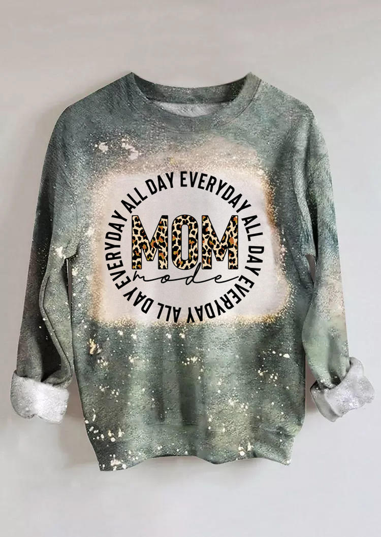 Mom Mode All Day Everyday Leopard Bleached Sweatshirt - Green