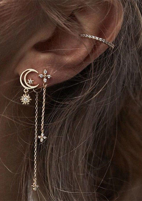 

4Pcs Simple Star Rhinestone Earrings Set, Gold, 516938