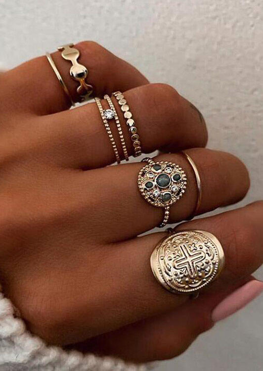 

7Pcs Vintage Rhinestone Geometric Alloy Ring Set, Gold, 516940