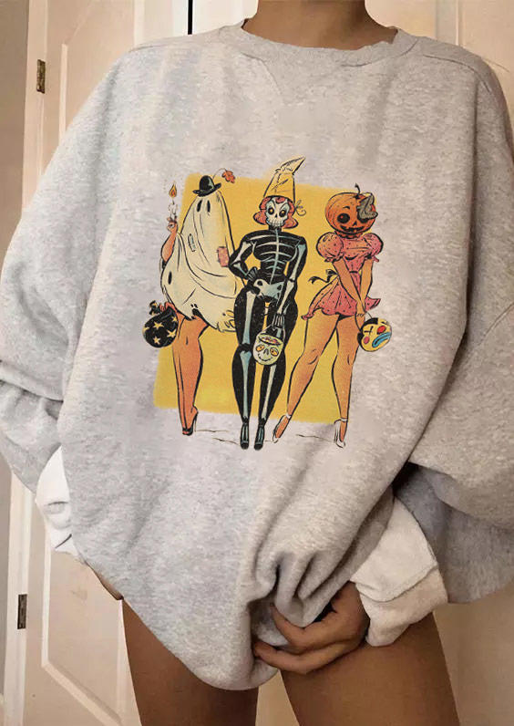 Halloween Pumpkin Skeleton Ghost Sweatshirt - Light Grey