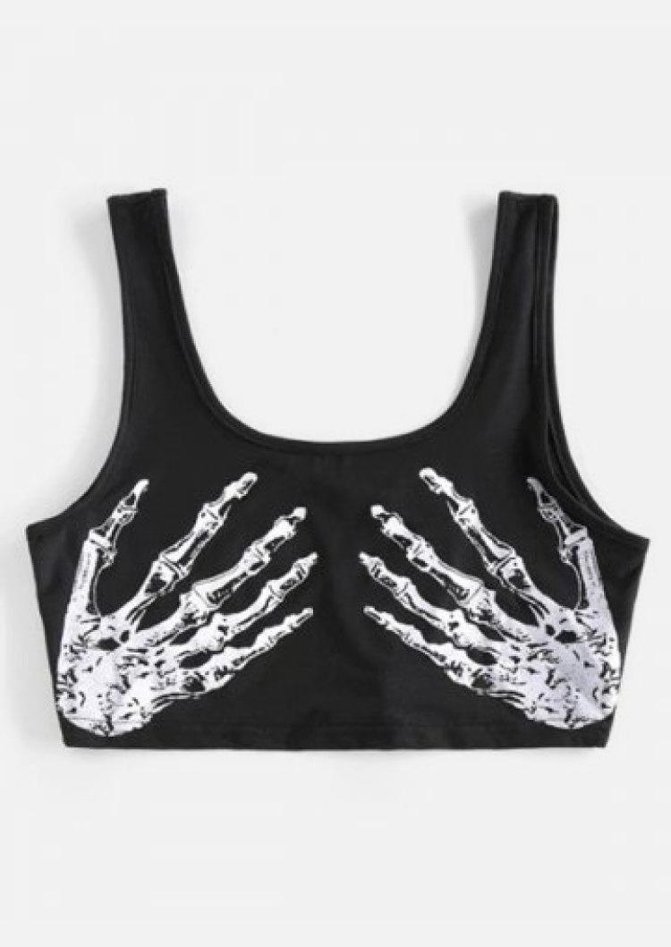 

Skeleton Hand Crop Tank Top, Black, FZ004824