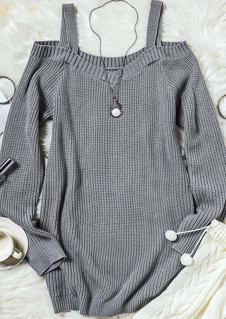 Cold Shoulder Long Sleeve Sweater Mini Dress - Gray