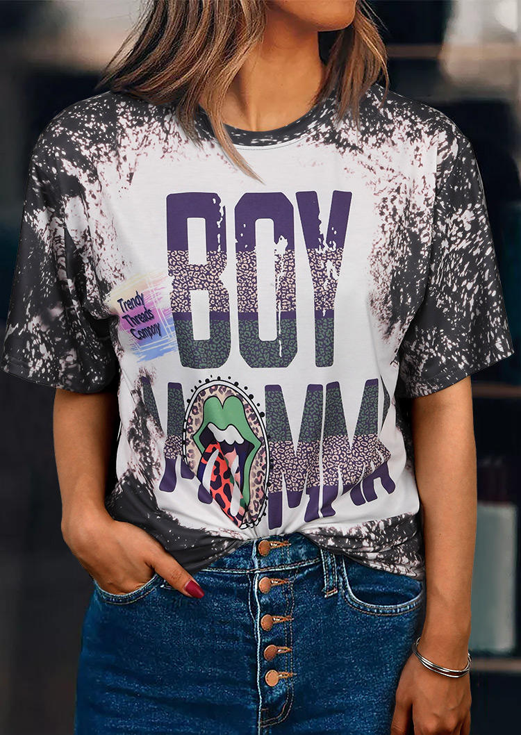

Boy Momma Lips Leopard Bleached T-Shirt Tee - Gray, 515988