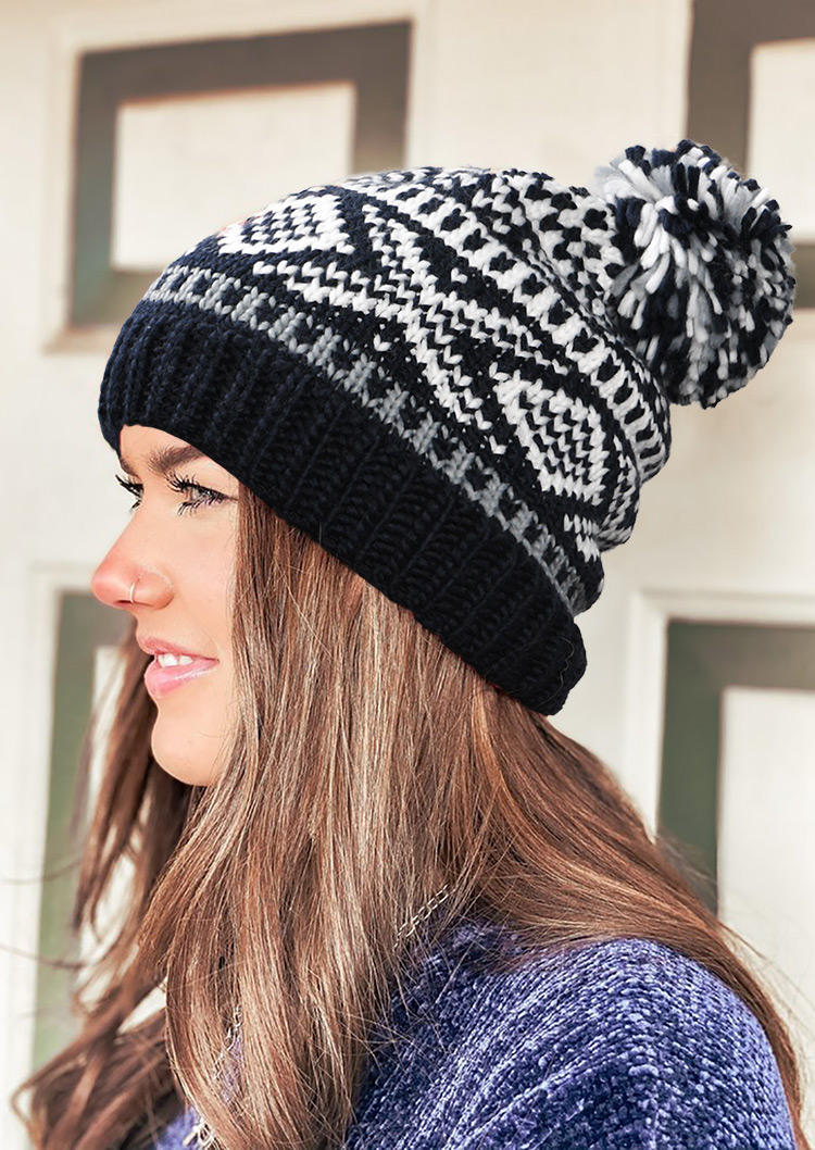 

Geometric Hairball Bonnet Beanie Hat, Navy blue, 516164