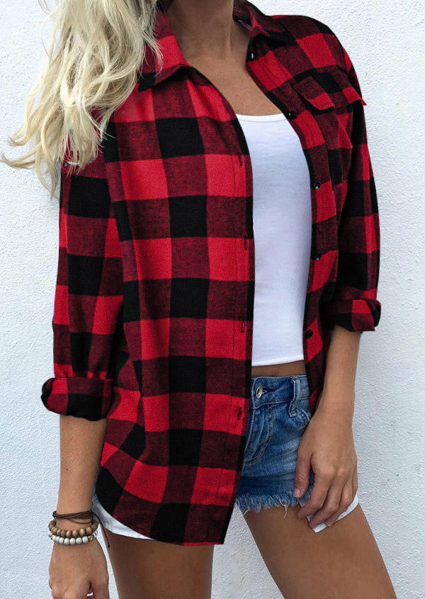 

Plaid Pocket Button Long Sleeve Turn-down Collar Shirt - Red, 516208