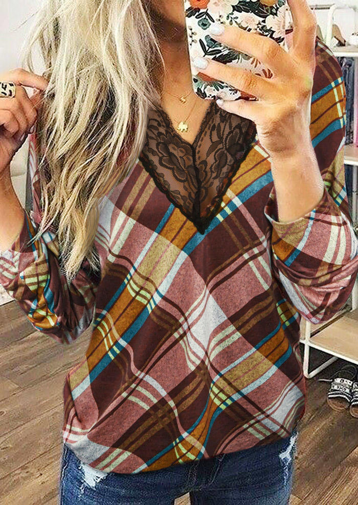 

Lace Splicing Plaid Long Sleeve Blouse, Multicolor, 516359