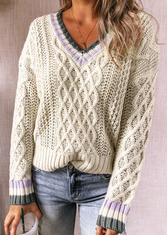 

Crochet V-Neck Knitted Sweater - Beige, 516483