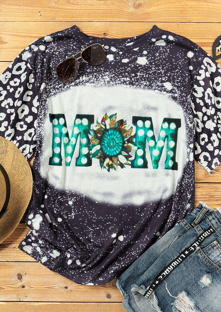 

Mom Leopard Sunflower Bleached T-Shirt Tee - Dark Grey, 516499