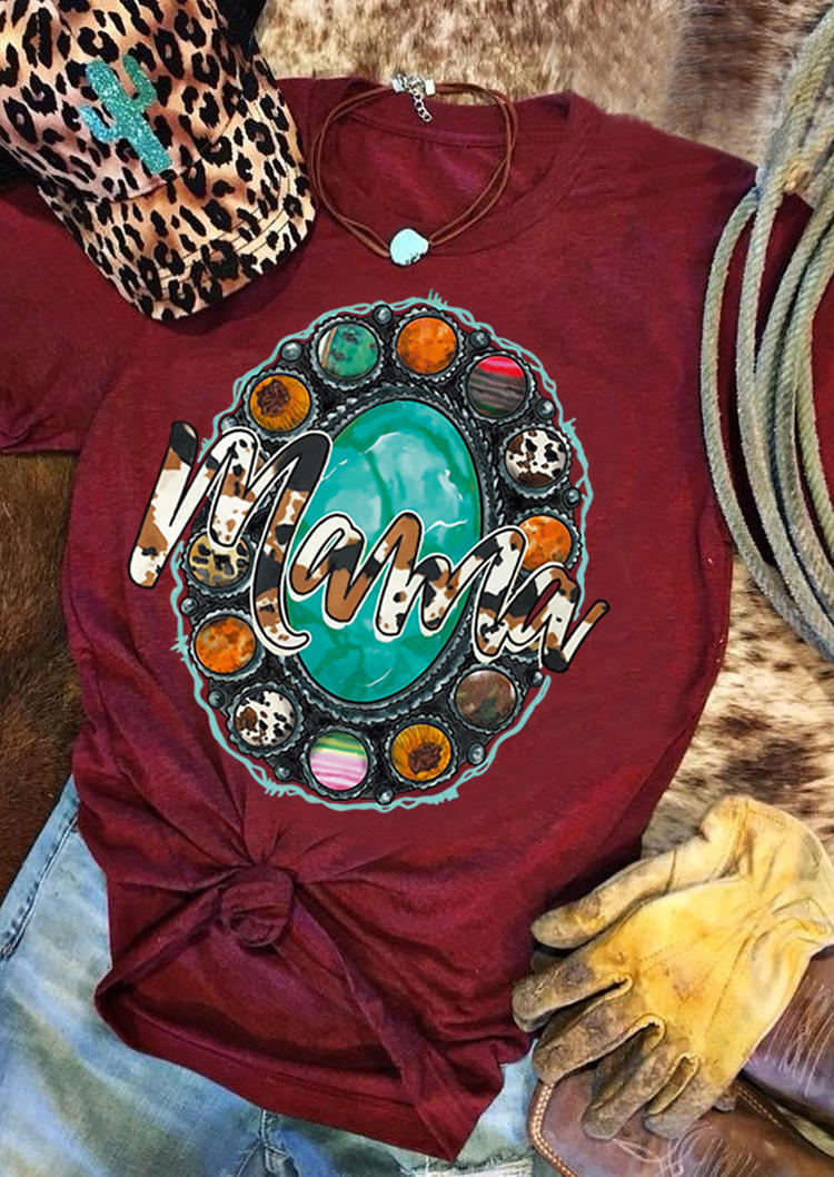 

Mama Turquoise Leopard Western T-Shirt Tee - Burgundy, 516517