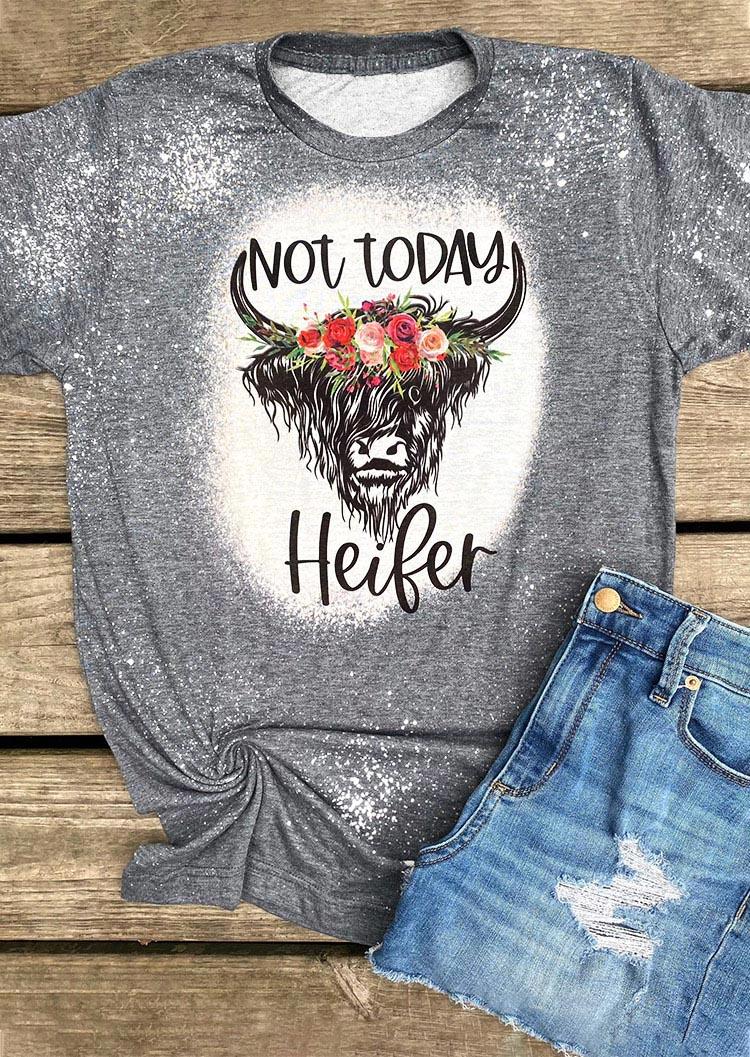 Not Today Heifer Steer Skull Floral T-Shirt Tee - Gray, 516530