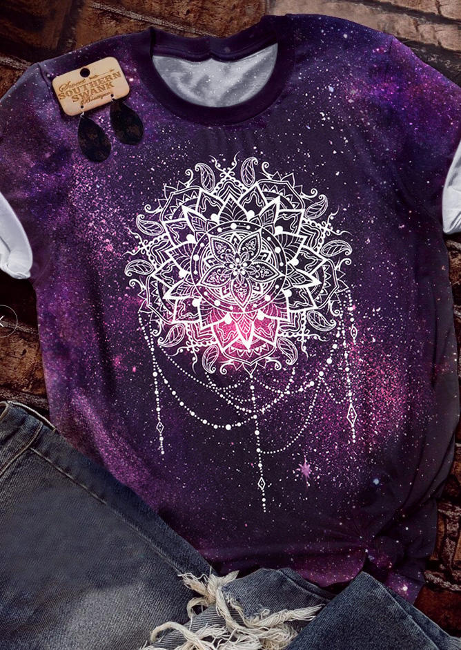 Mandala Starry Sky Bleached T-Shirt Tee - Purple