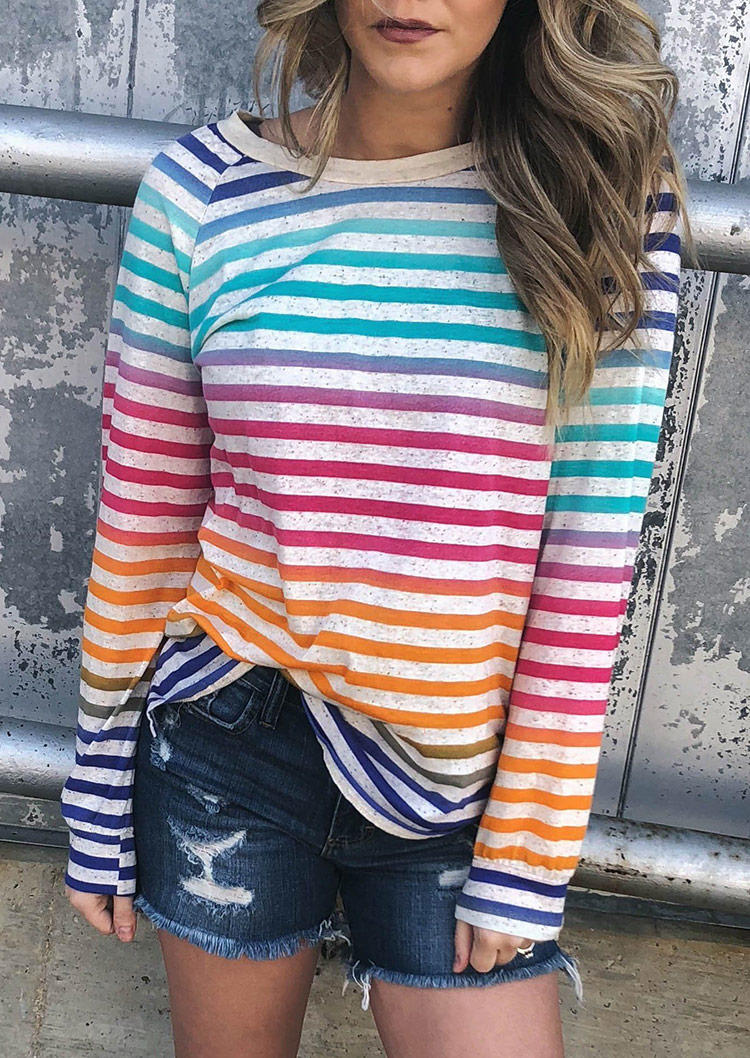 

Colorful Striped O-Neck Long Sleeve Blouse, Stripe, 516567
