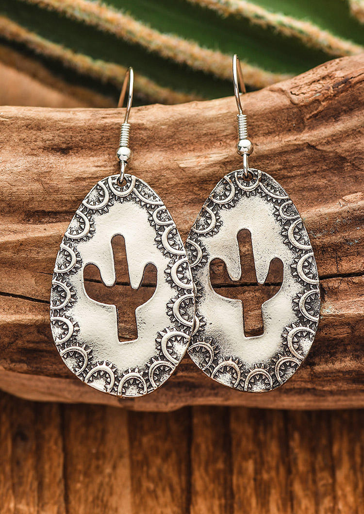 

Cactus Hollow Out Water Drop Earrings, Silver, 516575