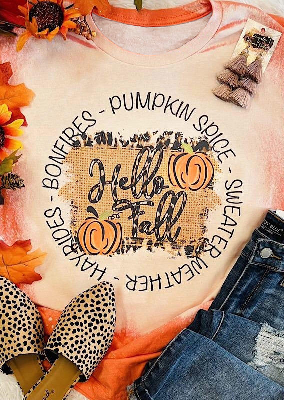 

Hello Fall Pumpkin Spice Bleached T-Shirt Tee - Orange, 516586