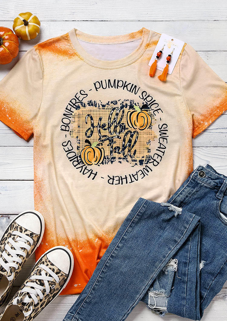 Buy Hello Fall Pumpkin Spice Bleached T-Shirt Tee - Orange. Picture