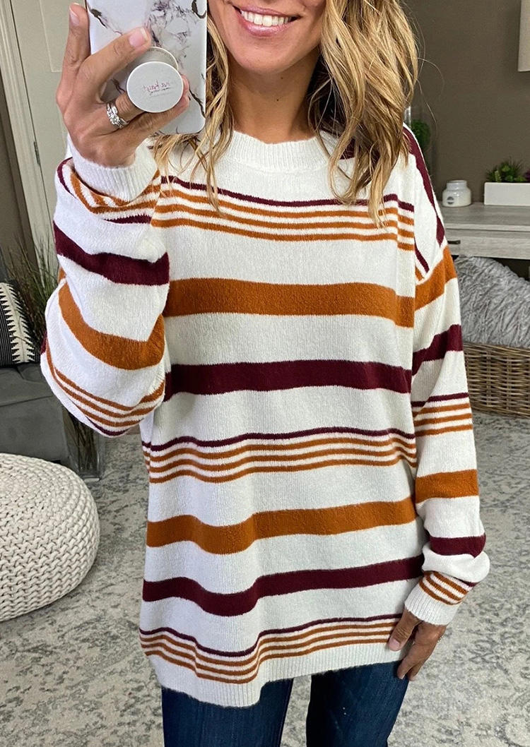 

Colorful Striped Long Sleeve O-Neck Sweater, Multicolor, 516766