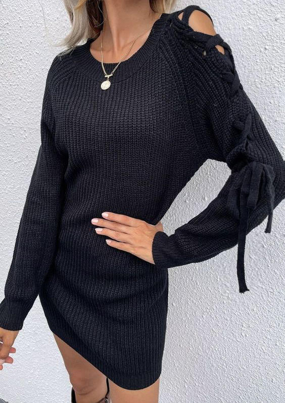 Hollow Out Tie Sweater Mini Dress - Black