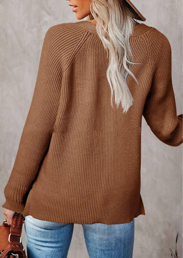 Button Knitted Long Sleeve V-Neck Sweater - Khaki