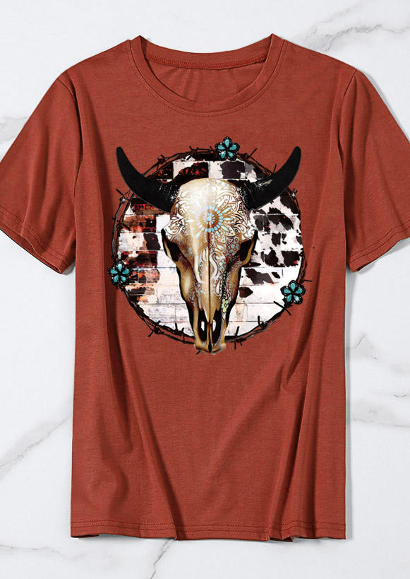 Steer Skull Floral Western T-Shirt Tee - Brick Red