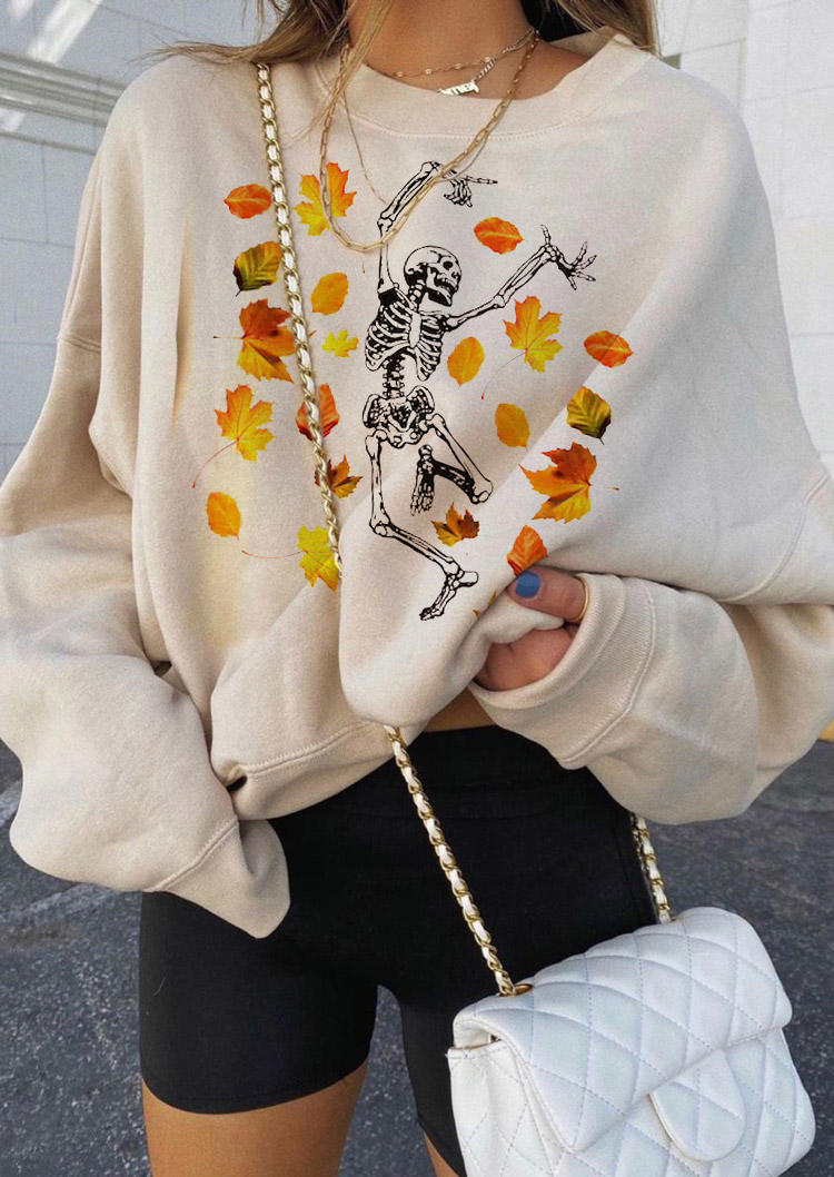 Buy Maple Leaf Skeleton O-Neck Sweatshirt - Light Khaki. Picture