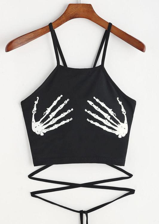 

Halloween Skeleton Hand Tie Crop Camisole Top - Black, 517131