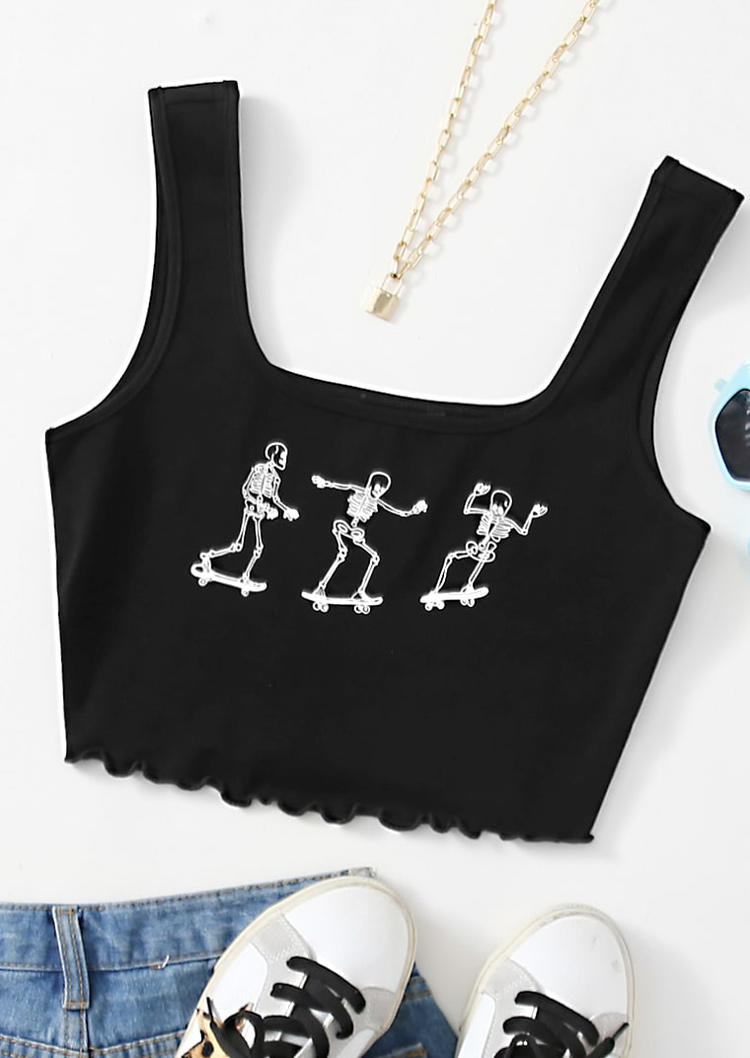 Halloween Skeleton Crop Tank Top - Black