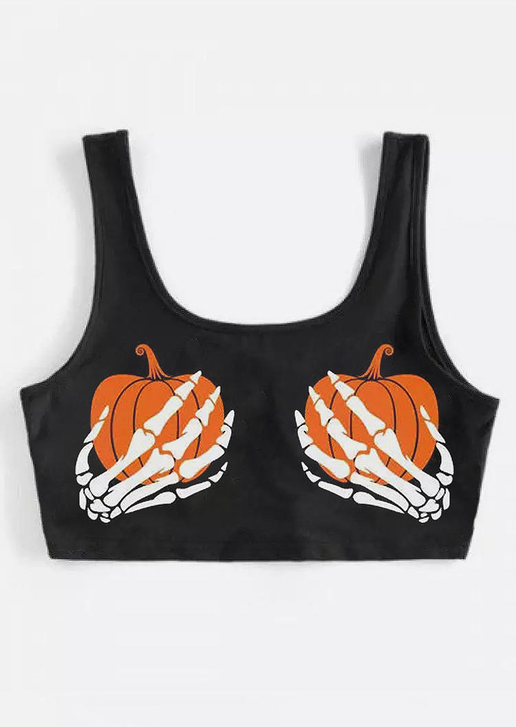 Halloween Pumpkin Skeleton Hand Crop Tank Top - Black