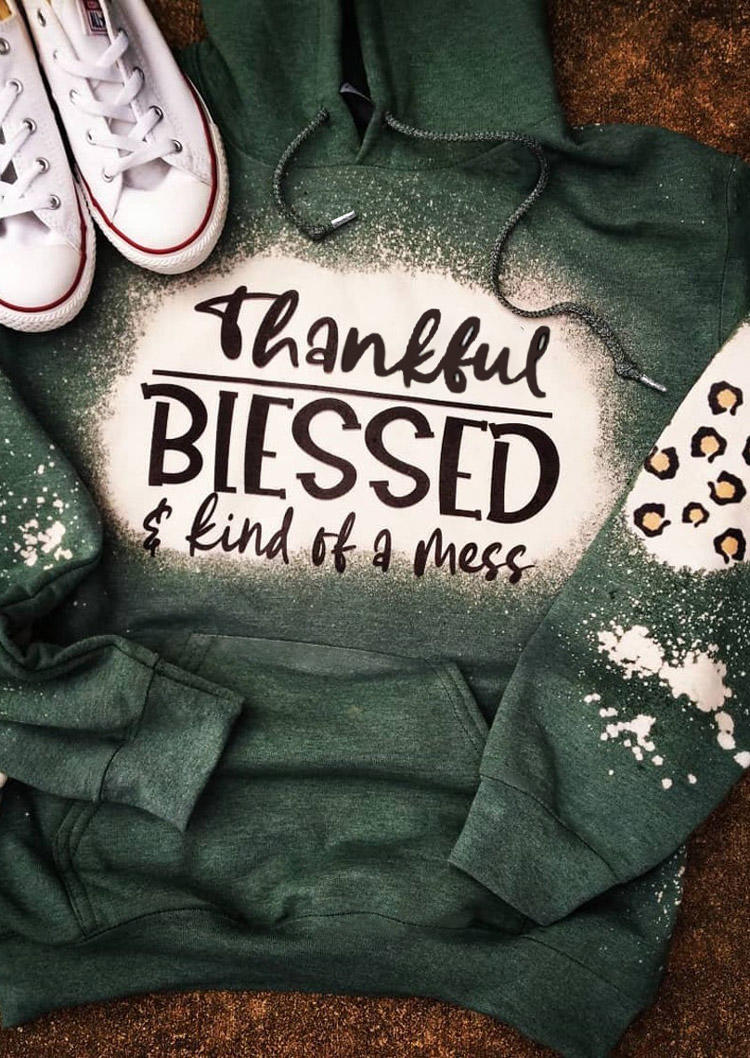 

Thankful Blessed & Kind Of A Mess Leopard Patch Hoodie - Dark Green, 515039