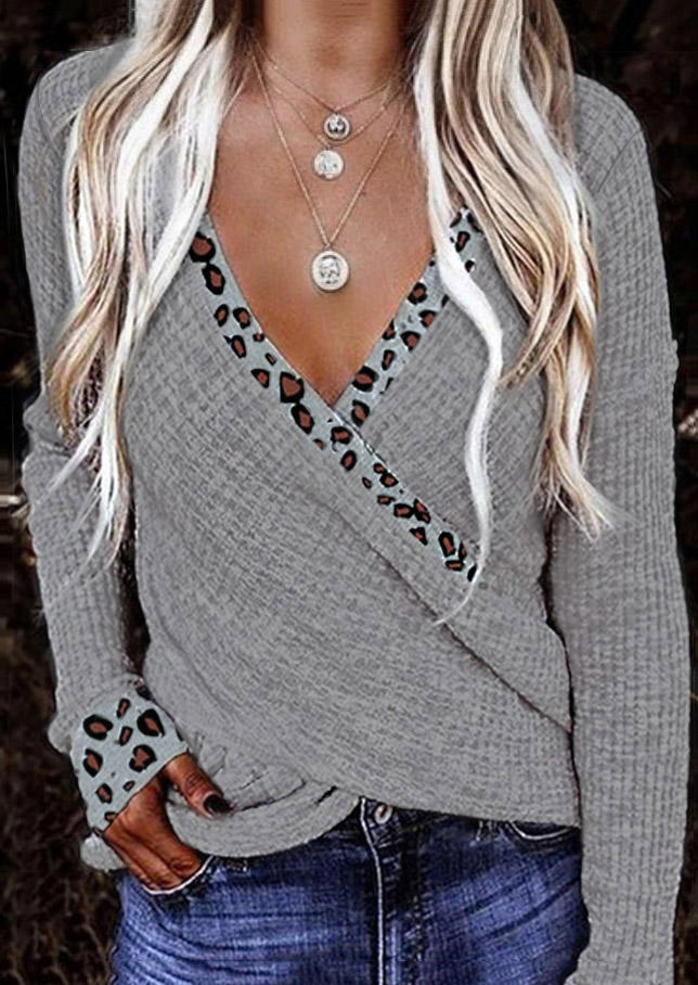 

Wrap Leopard Splicing Knitted Sweater - Gray, 515868