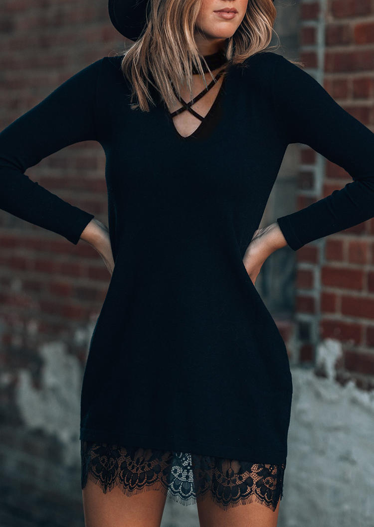 Hollow Out Criss-Cross Lace Splicing Mini Dress - Black