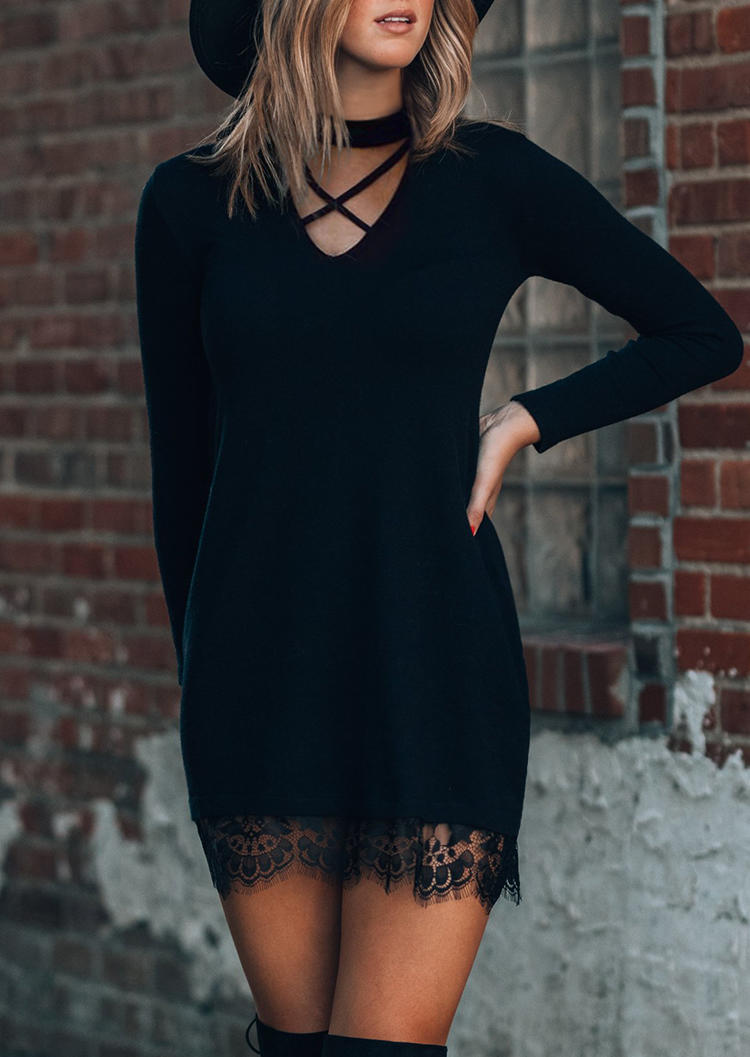 Hollow Out Criss-Cross Lace Splicing Mini Dress - Black