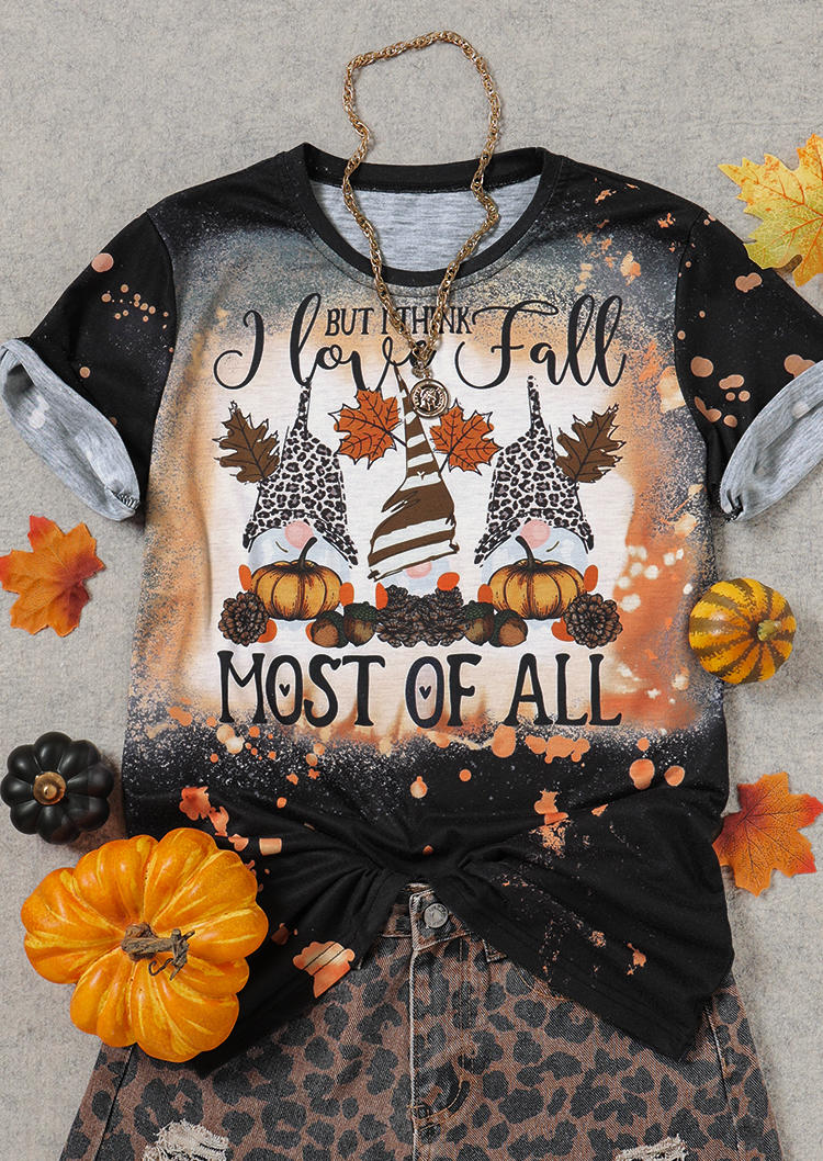 But I Think I Love Fall Leopard Pumpkin Gnomies T-Shirt Tee - Black