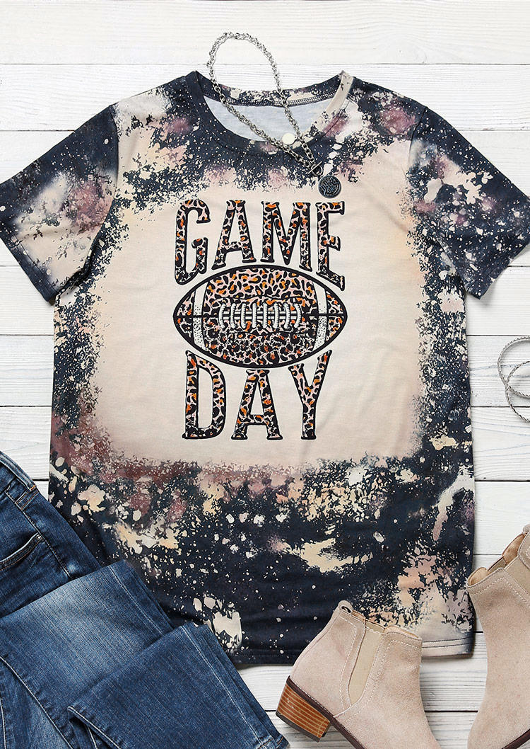 

Game Day Leopard Football Bleached T-Shirt Tee - Dark Grey, Gray, 516563