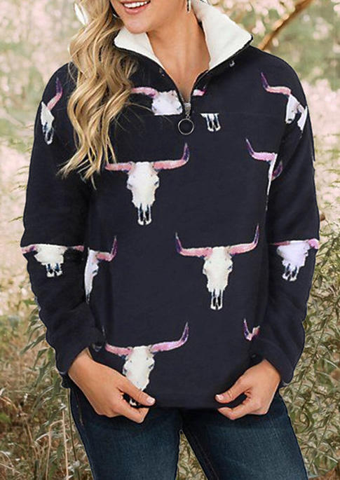 

Steer Skull Zipper Turn-down Collar Blouse - Black, 516610