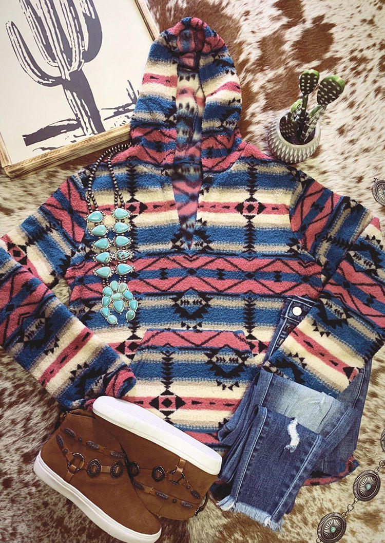 

Aztec Geometric Kangaroo Pocket Hoodie, Multicolor, 516640