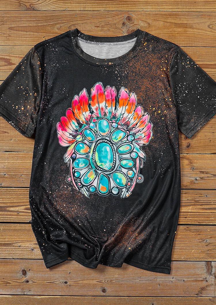 Feather Turquoise Bleached T-Shirt Tee - Black