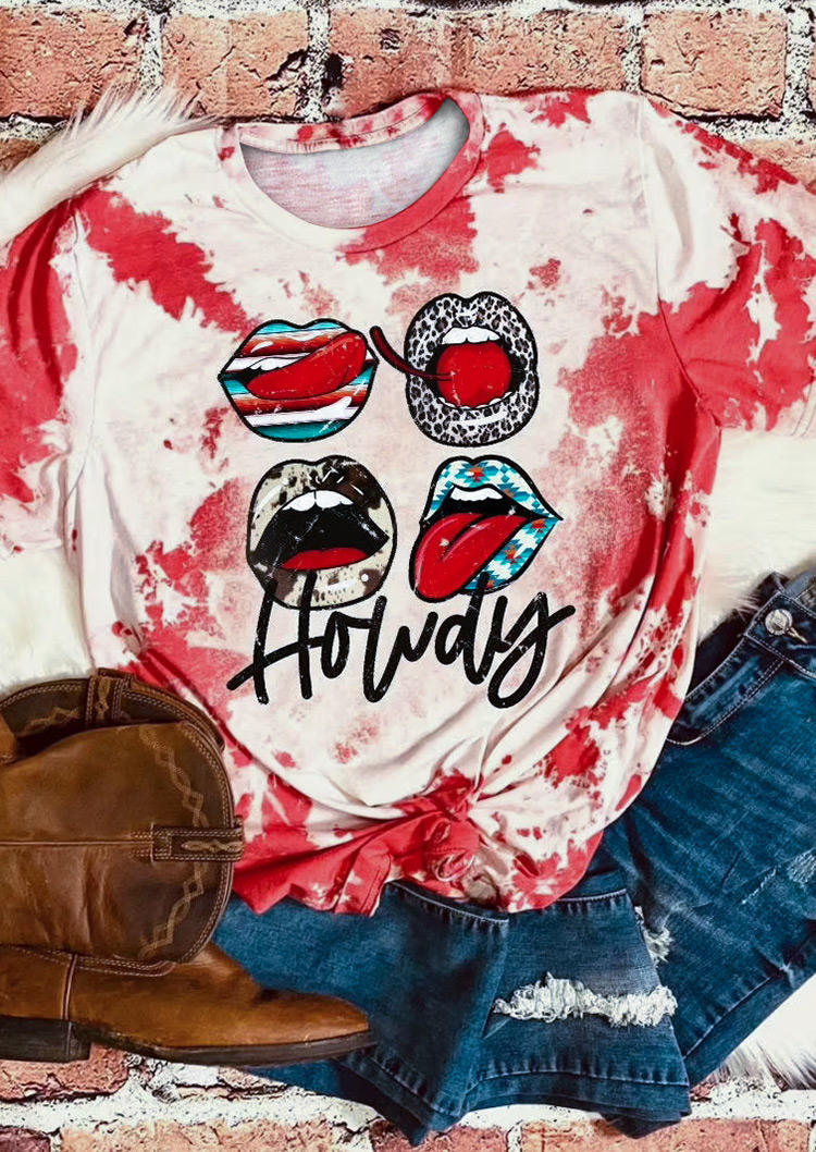 Howdy Aztec Geometric Turquoise Lips Bleached T-Shirt Tee - Red
