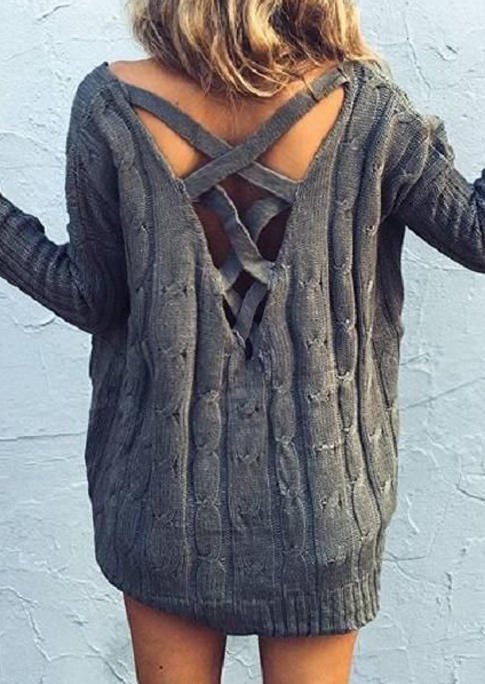 Criss-Cross Open Back Knitted Sweater Mini Dress - Gray