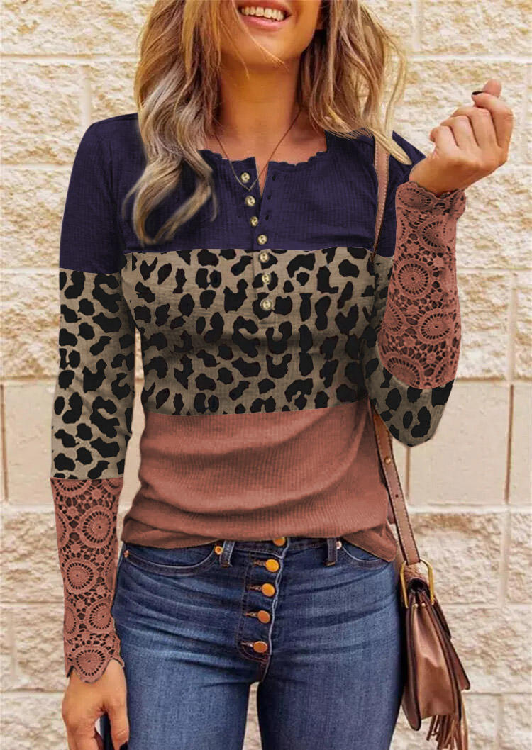 Lace Leopard Splicing Color Block Button Blouse