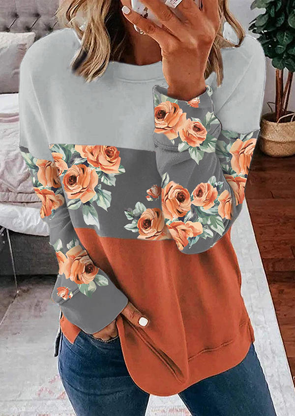 

Floral Color Block Splicing Long Sleeve Sweatshirt, Multicolor, 517062