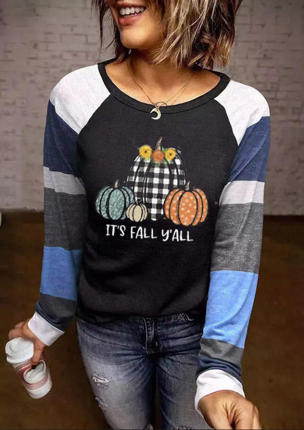 

It' Fall Y'all Plaid Pumpkin Striped T-Shirt Tee, Multicolor, 517085