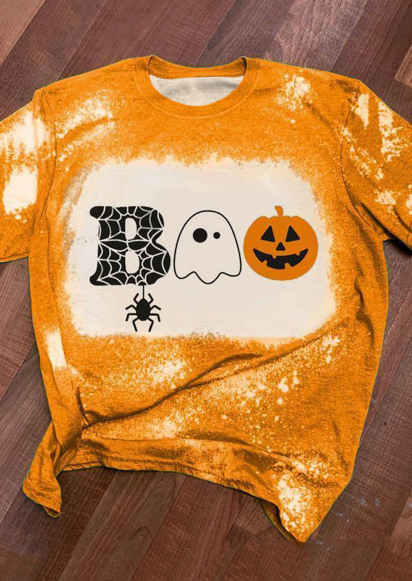 Boo Pumpkin Spider Bleached T-Shirt Tee - Yellow