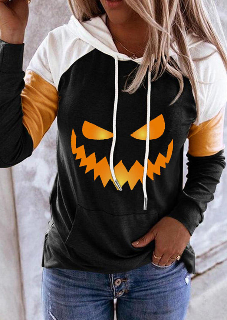 Pumpkin Color Block Kangaroo Pocket Hoodie - Black