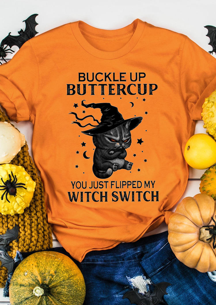 

Halloween Cat Buckle Up Butter Cup Witch Switch T-Shirt Tee - Orange, 517092